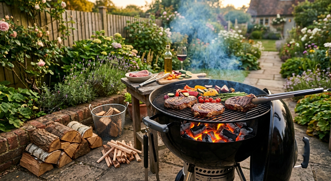 Kettle BBQ cooking over kiln-dried hardwood embers with steak and vegetables.