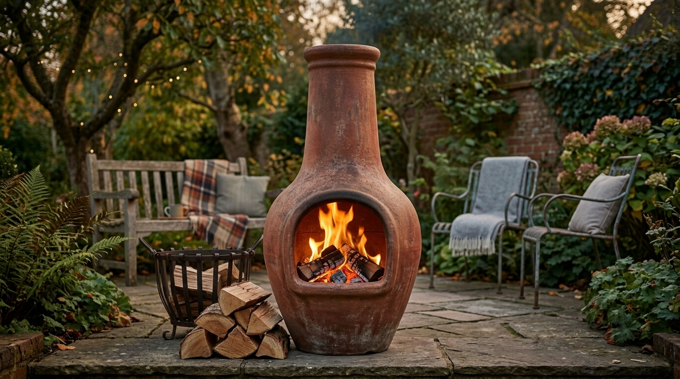 Chiminea burning with small kiln-dried hardwood logs in a garden