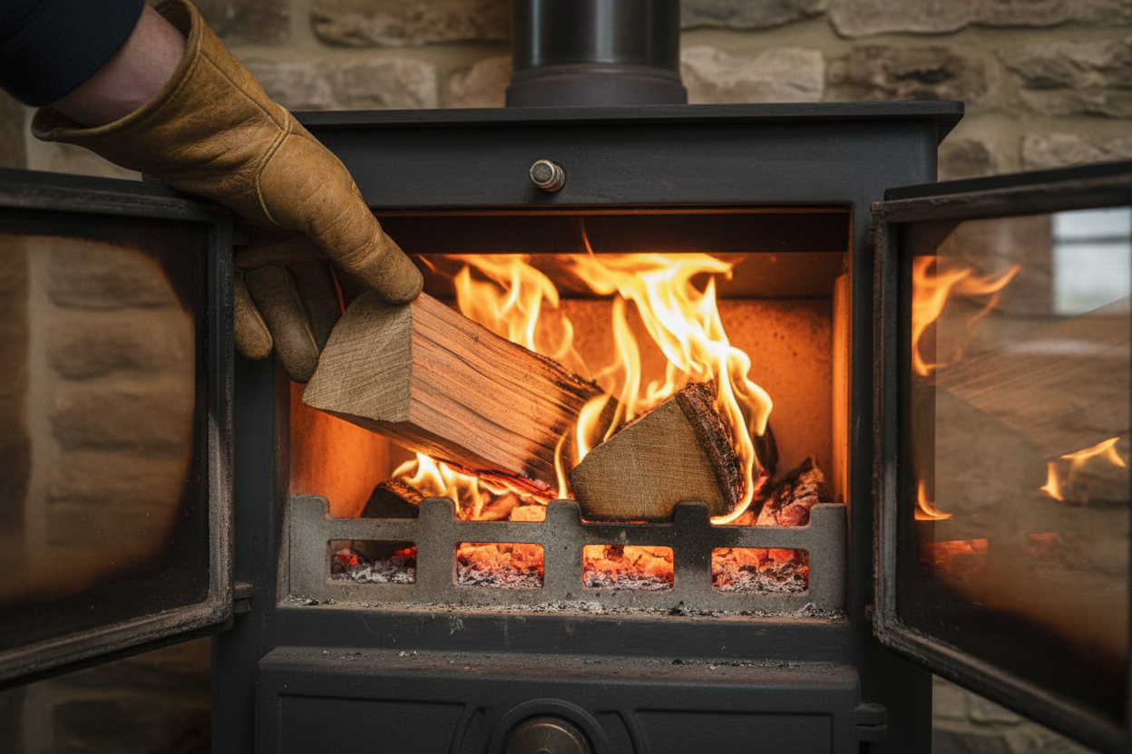 Loading two logs into a log burner for efficient combustion