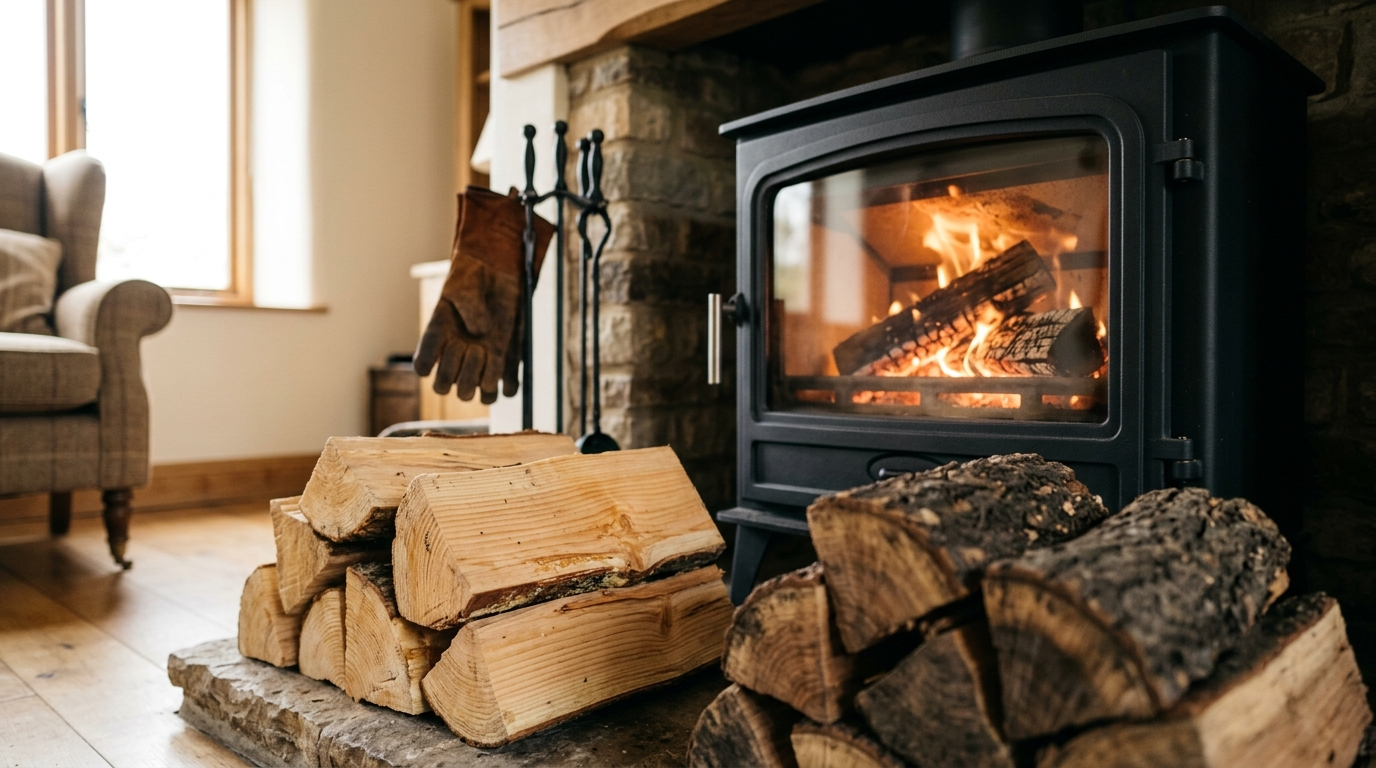 Kiln-dried softwood logs beside a wood-burning stove