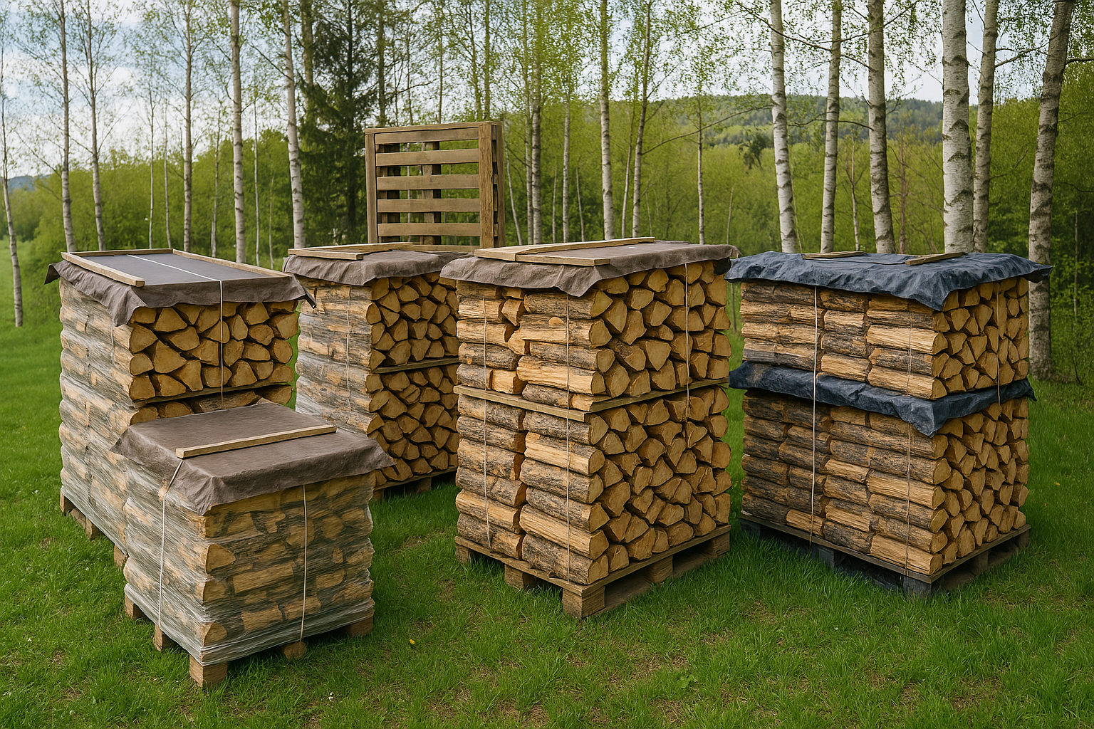 Stack of split firewood seasoning outdoors