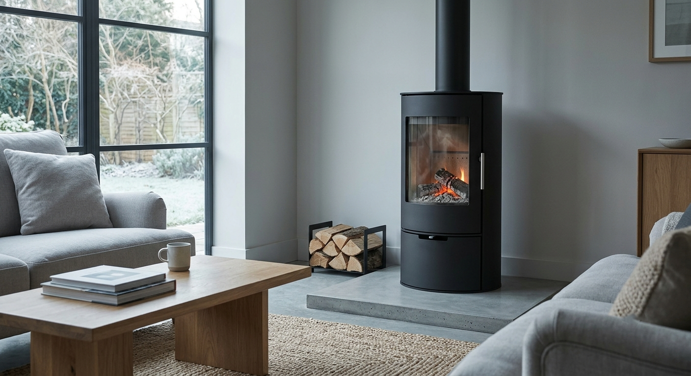 A wood-burning stove with a low flame struggling to heat a UK living room