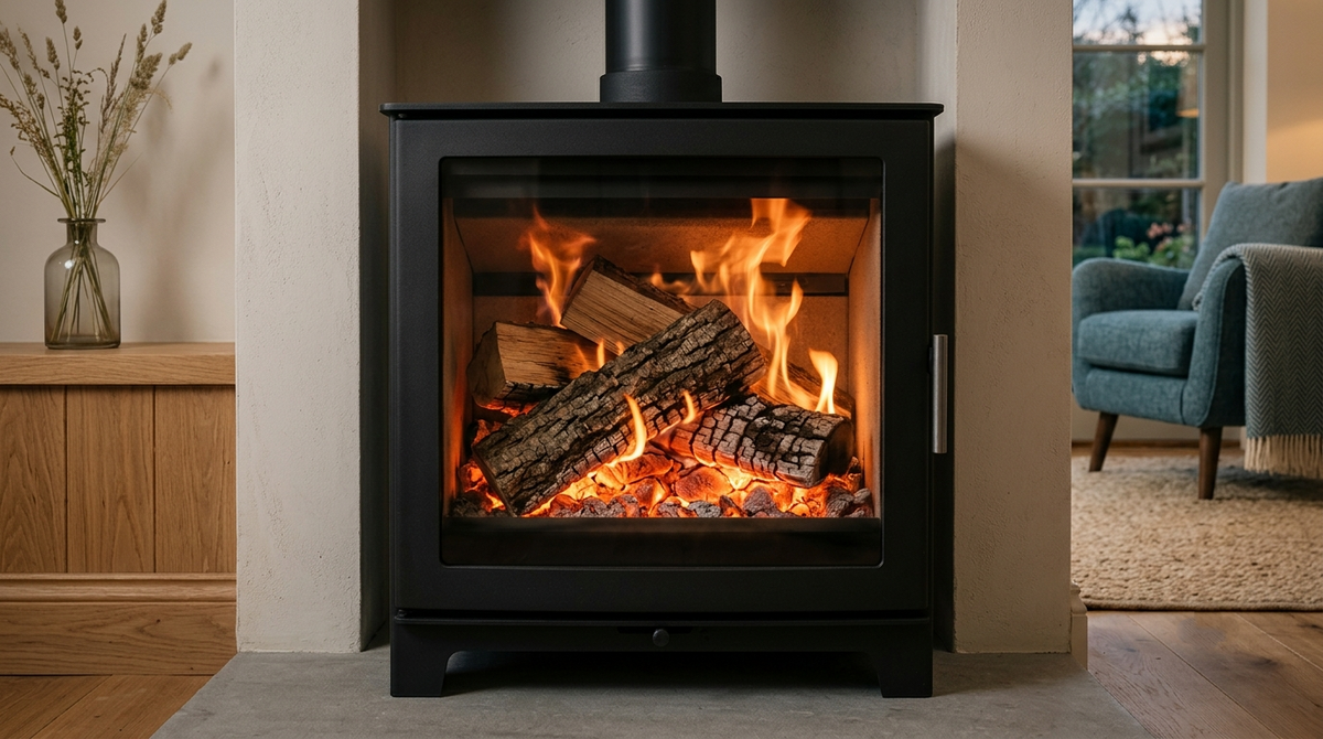 Dry oak logs burning on a glowing ember bed in a wood-burning stove