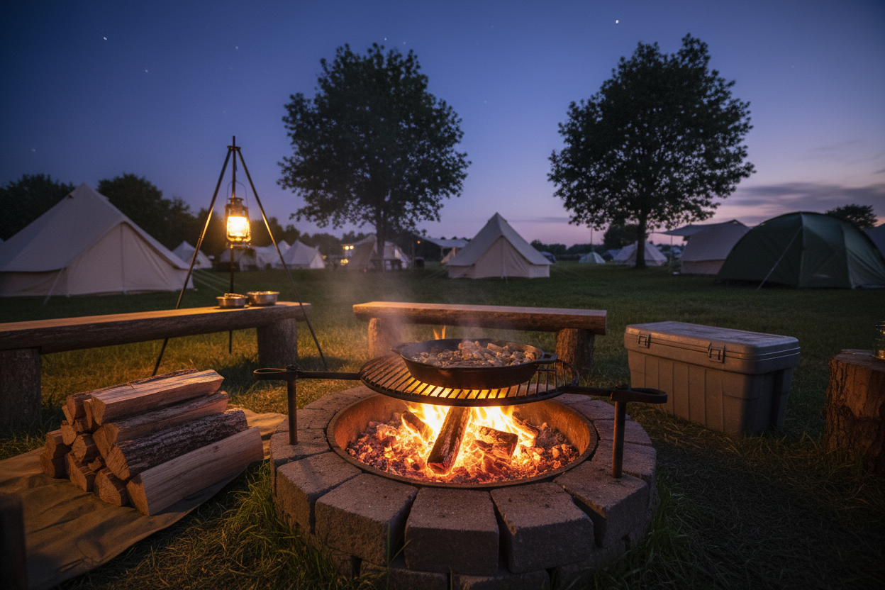 Campfire cooking over glowing embers at a UK campsite using kiln dried hardwood logs