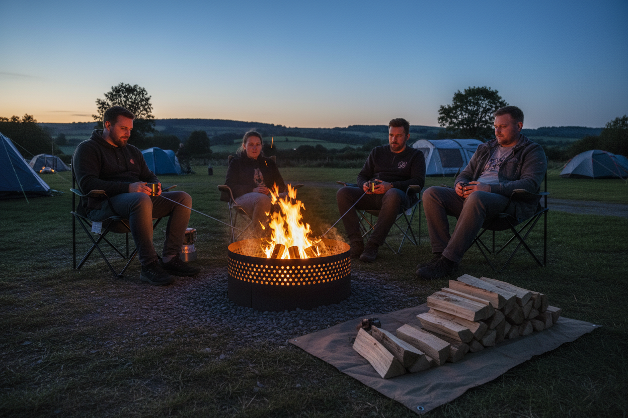 Controlled campfire at a UK campsite following campfire safety rules