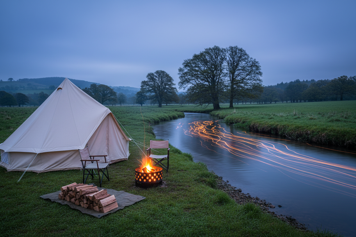 River camping in the UK with a riverside campfire and kiln dried logs