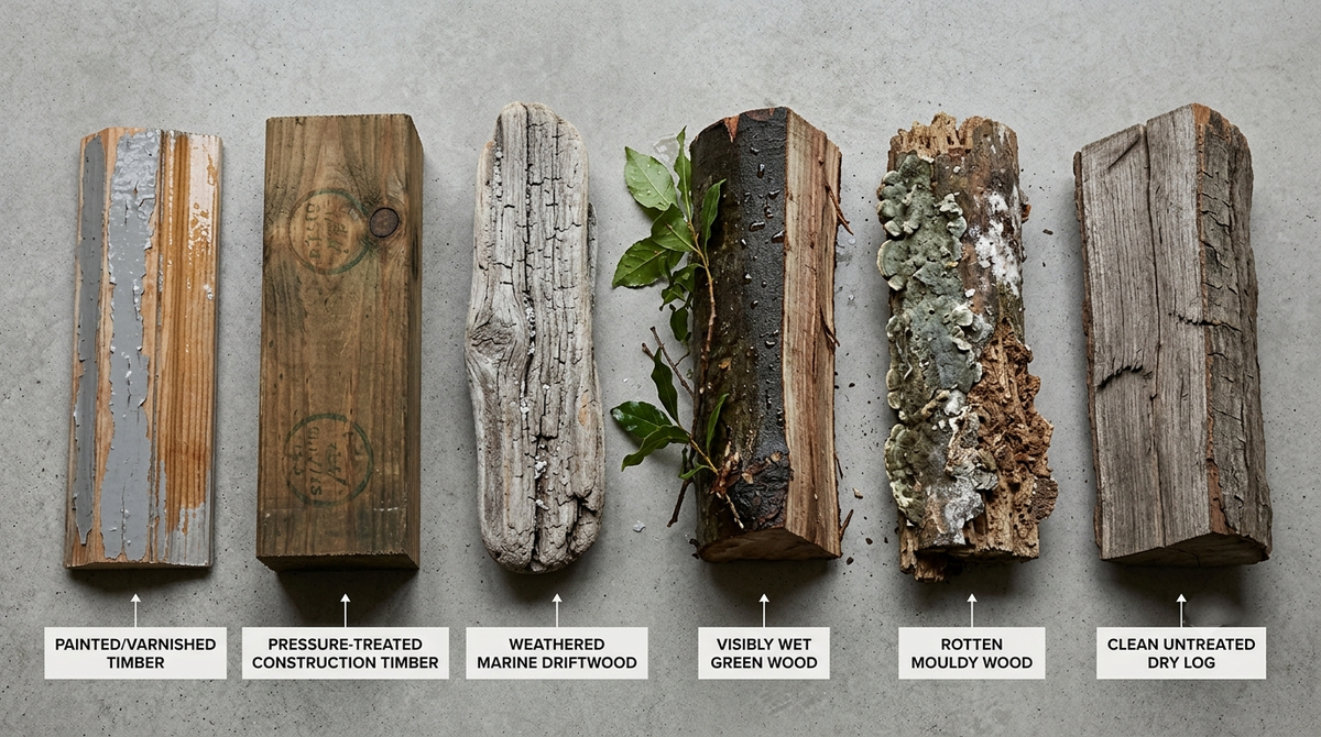 Examples of wood that should not be burned in a domestic wood burner