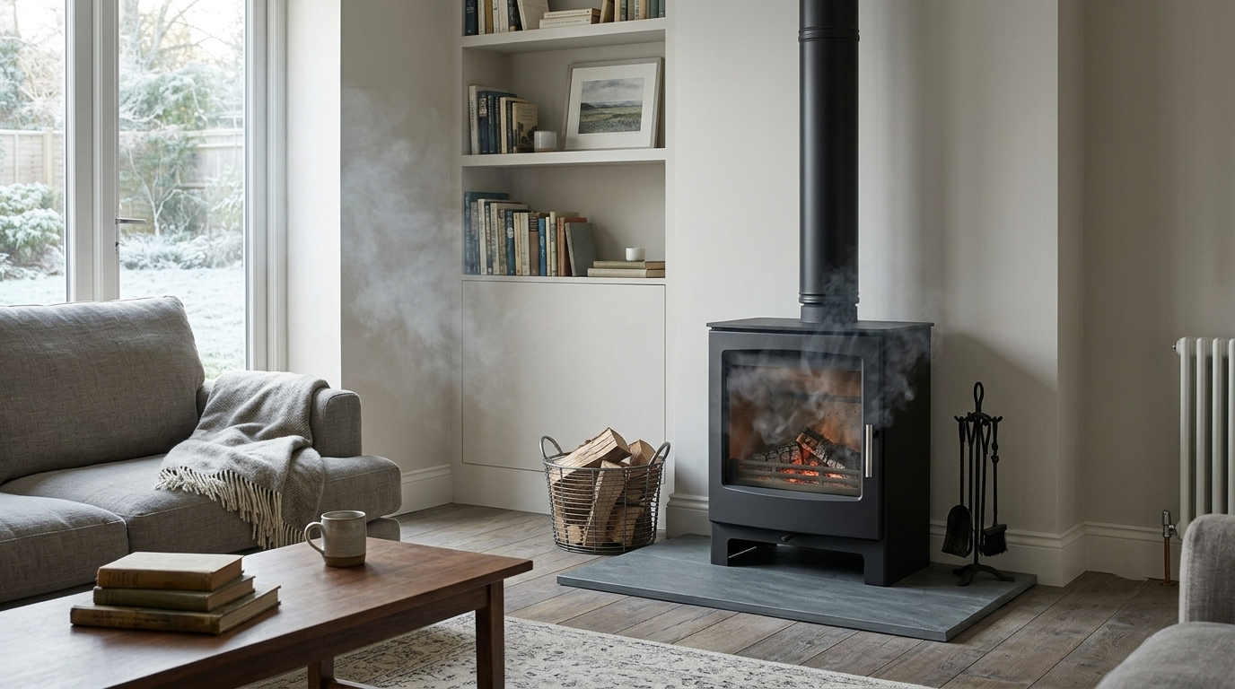 Wood-burning stove releasing smoke into a room