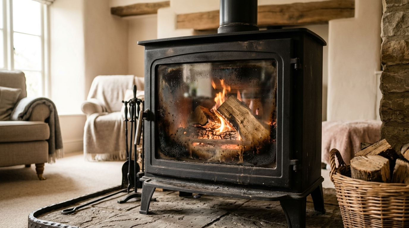 Log burner with blackened glass from soot buildup