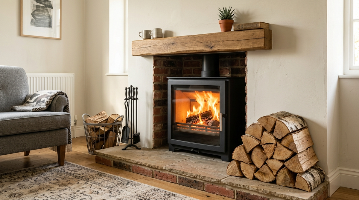 Modern wood burning stove operating with dry hardwood logs
