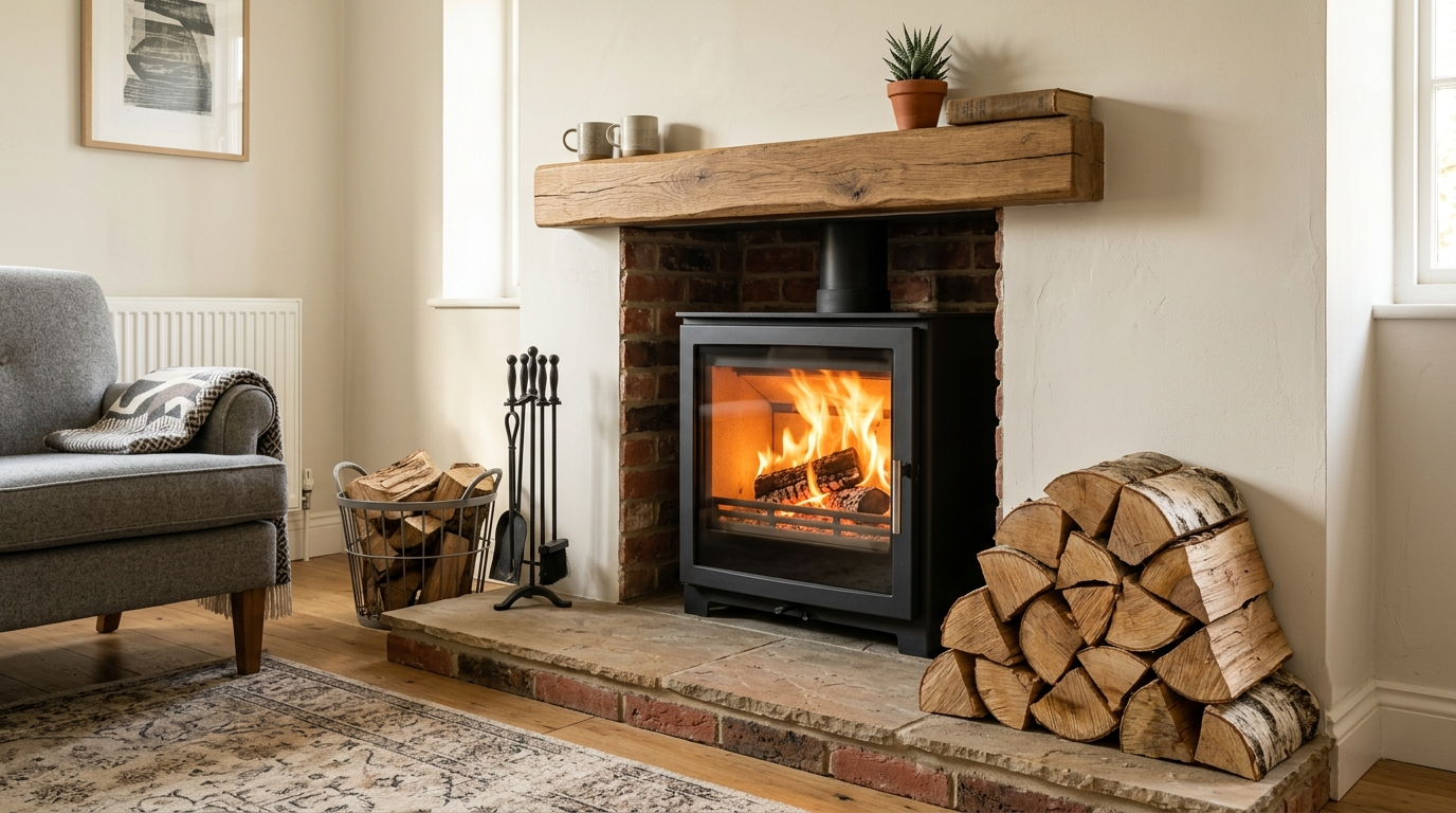 Modern wood burning stove operating with dry hardwood logs