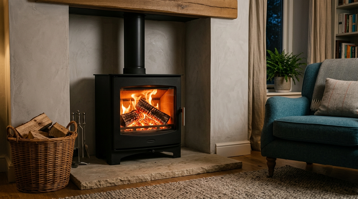 Wood-burning stove with glowing logs during an evening fire in a UK home